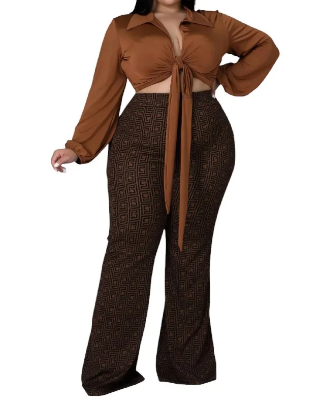 Classic Women's Apparel Sophisticated Fashion Top And Pant Set In Brown Multi