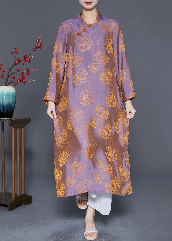 Tailored Clothing For Women Weekend Exclusive Chinese Style Purple Chinese Button Print Silk Dress Gown Summer