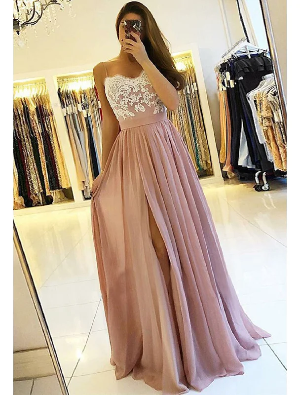 Women's Holiday Attire The Latest Fashion Trends A-line/Princess Sweetheart Sleeveless Long/Floor-Length Chiffon Prom Dress With Split Appliqued