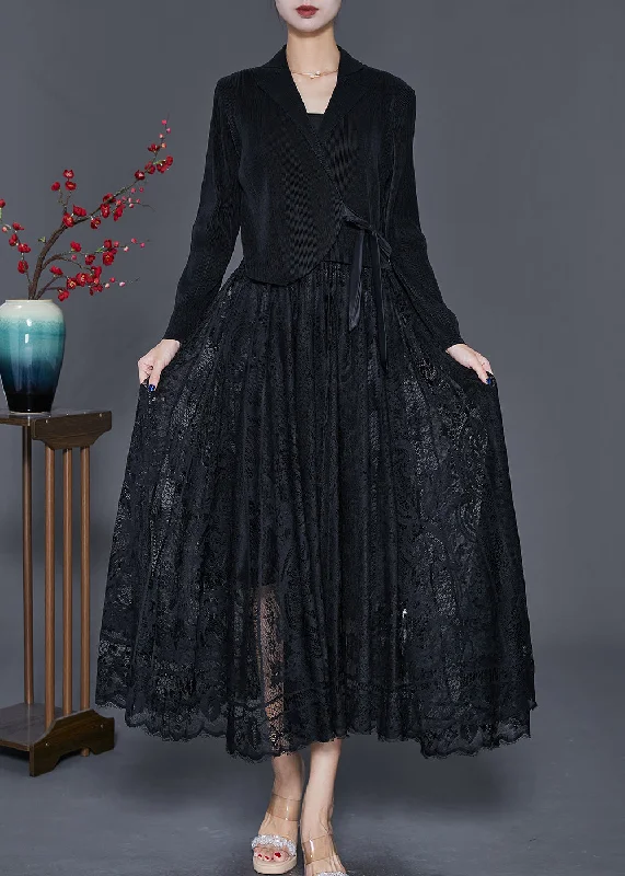 Women's Fashion-Forward Apparel Trendy New Clothes Unique Black Tie Waist Lace Patchwork Silk Velour Maxi Dresses Fall