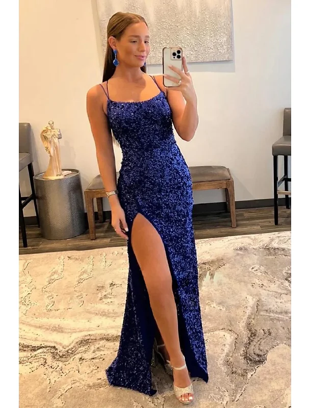 Women's Vacation Attire Flash Sale, Don'T Miss Mermaid / Trumpet Prom Dresses Hot Dress Formal Sweep / Brush Train Sleeveless Spaghetti Strap Sequined Backless with Sequin Slit