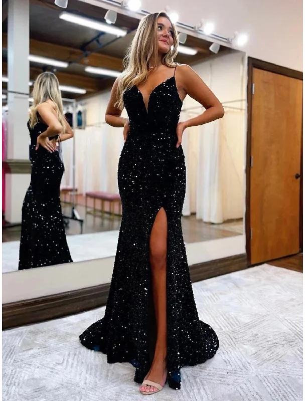 Women's Evening Wear Attire Trendy Aesthetics Mermaid / Trumpet Prom Dresses Sparkle & Shine Dress Formal Court Train Sleeveless V Neck Sequined Backless with Sequin Slit