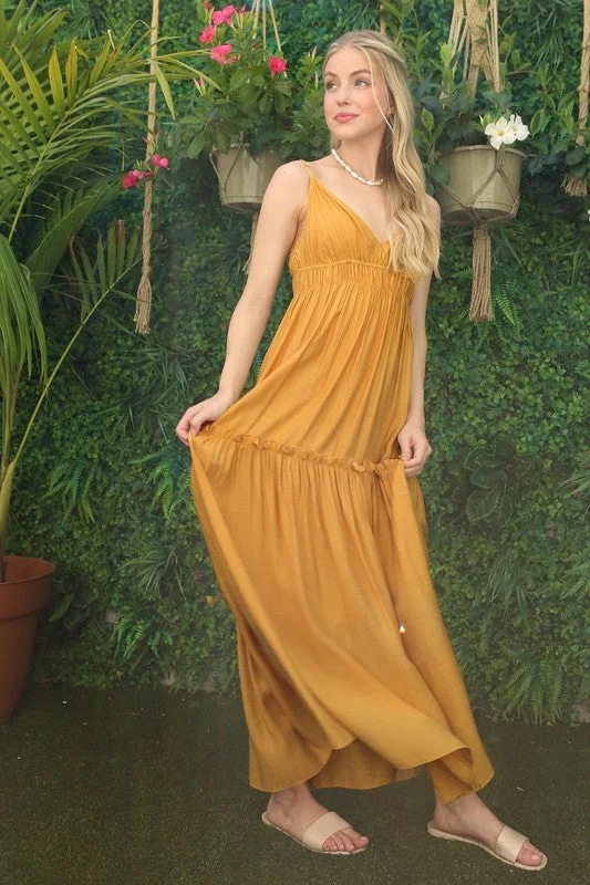 Women's Clothing For Outdoor Activities Artful Design Long Yellow Tiered Casual Maxi Dress FGDR22L015