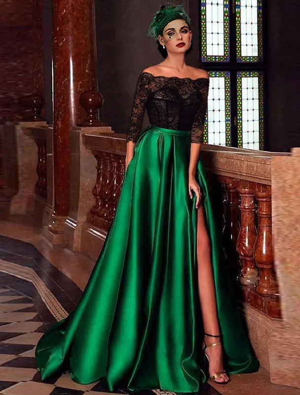 Women's Clothing Apparel Sets Summer Fashion A-Line Evening Gown Vintage Dress Masquerade Engagement Floor Length 3/4 Length Sleeve Off Shoulder Satin with Appliques