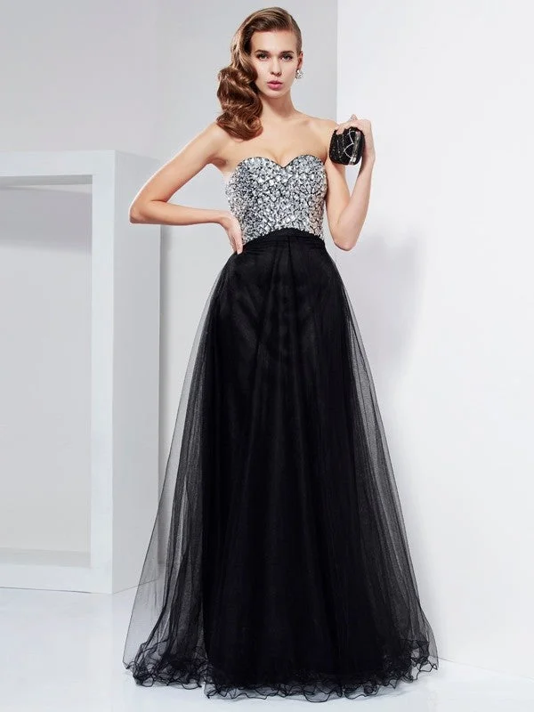 Women's Work Outfit For The Office Classic Charm A-Line/Princess Sweetheart Sleeveless Beading Crystal Long  Woven Satin Dresses