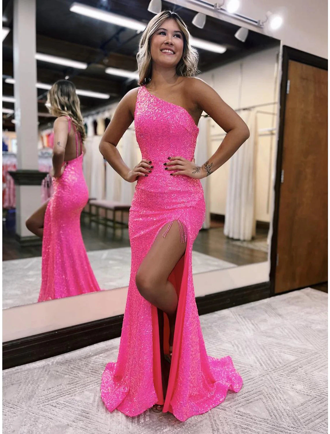 Women's Trendy Attire Limited Stock, Big Sale Mermaid / Trumpet Prom Dresses Sexy Dress Formal Sweep / Brush Train Sleeveless One Shoulder Sequined Backless with Sequin Slit