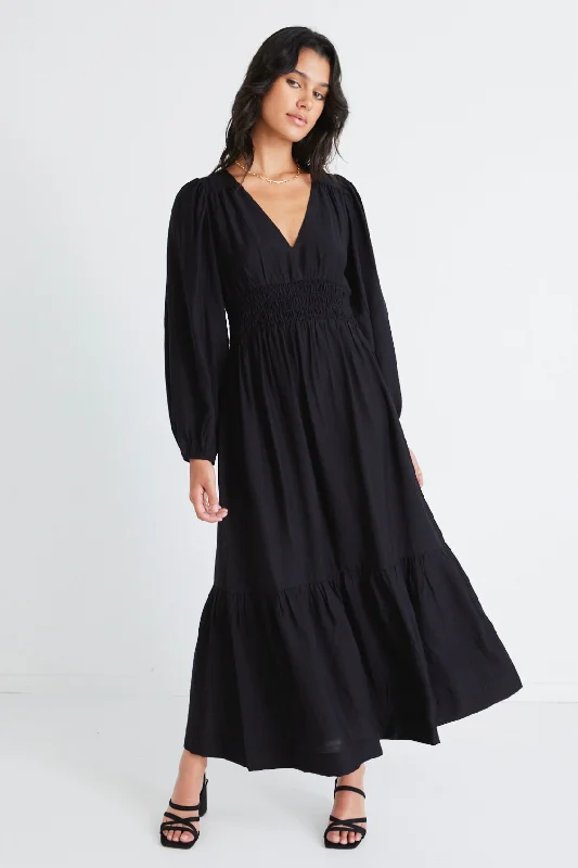 Fashion-Forward Women's Clothing Bid Farewell To The Old Season Spark Black LS Deep V Midi Dress