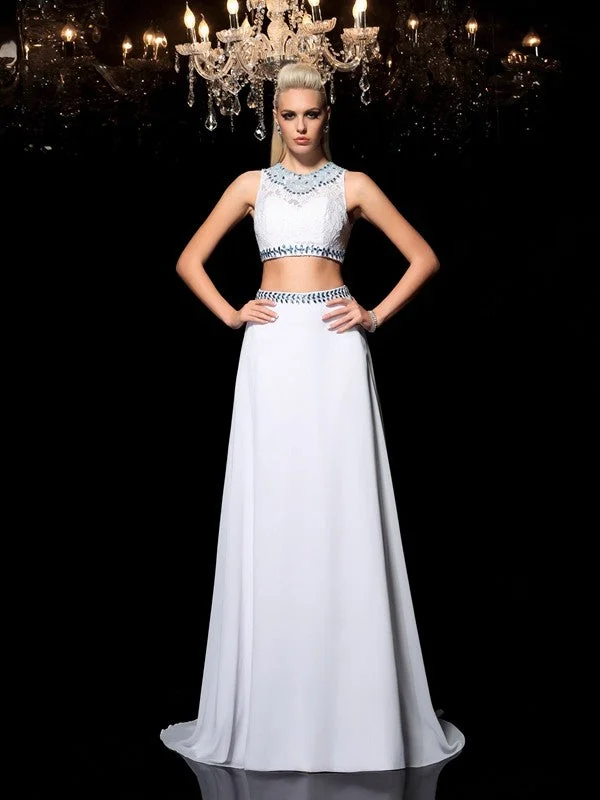 Sustainable Women's Apparel Exclusive Discount A-Line/Princess Jewel Beading Sleeveless Long Chiffon Two Piece Dresses