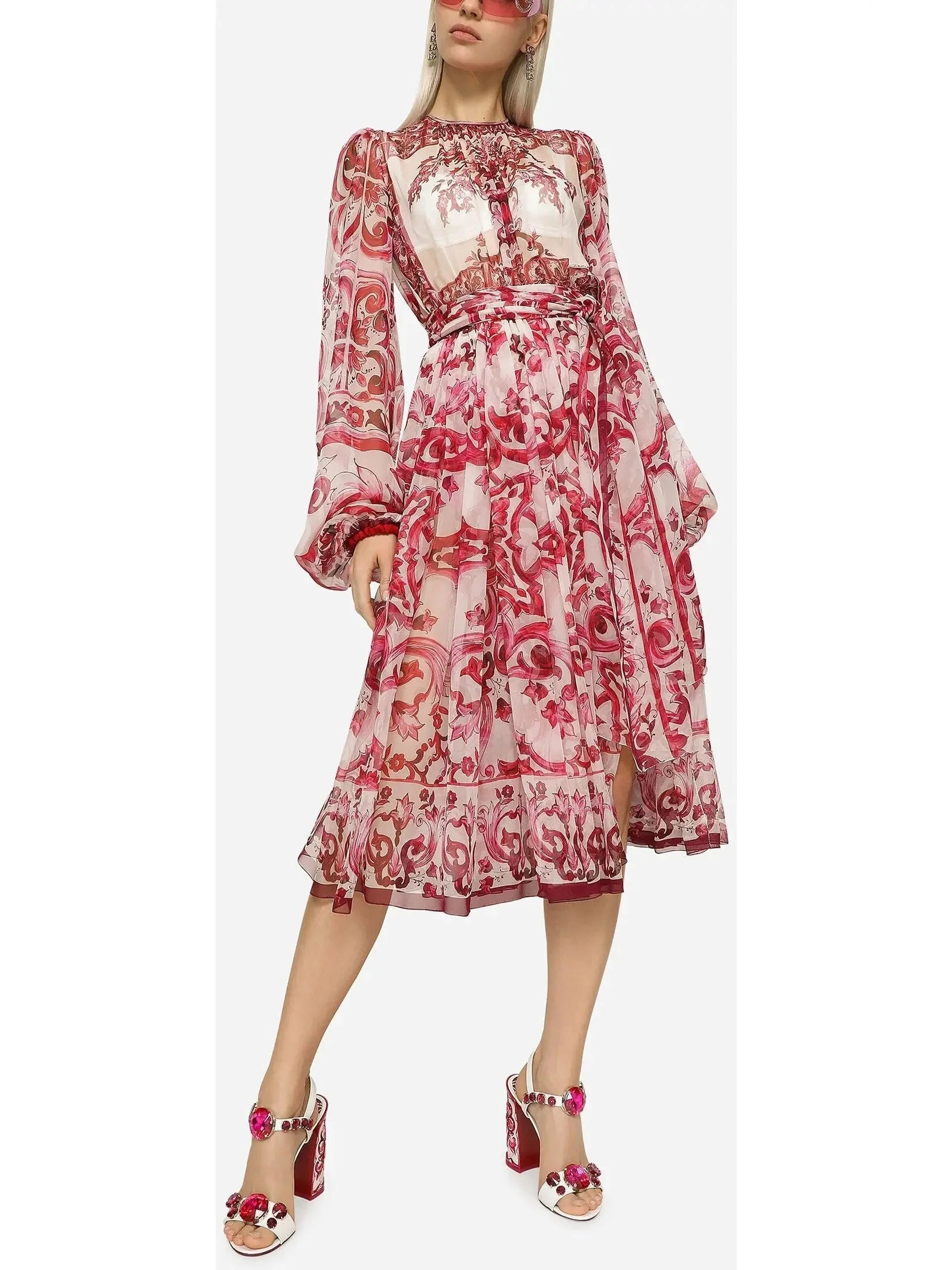 Women's Travel Garments Catch Every Fashion Trend Majolica Print Chiffon Midi Dress