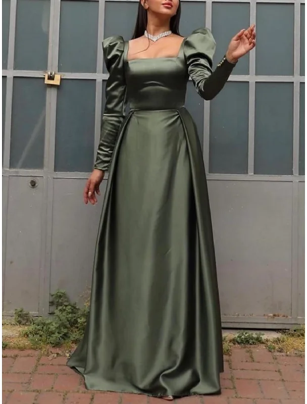 Women's Plus-Size Attire Early Access To Art Deco Styles Sale A-Line Evening Gown Elegant Dress Formal Christmas Red Green Dress Sweep / Brush Train Long Sleeve Square Neck Satin with Pleats Ruched