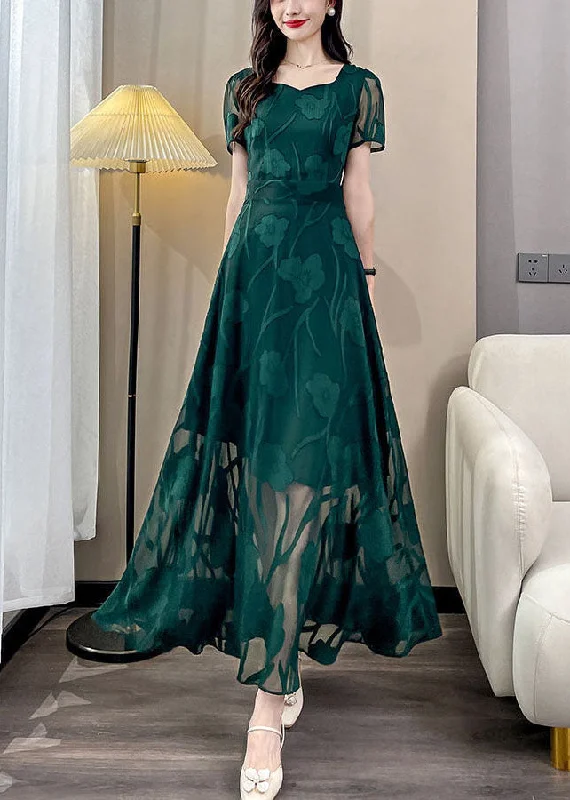 Charming Women's Clothes For Special Events Exclusive Sale Jacquard Green Square Collar Draping Chiffon Maxi Dresses Summer