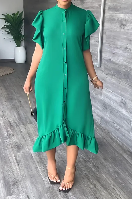 Women's Apparel Special Offers Solid Color Feminine Single Breasted Midi Dress