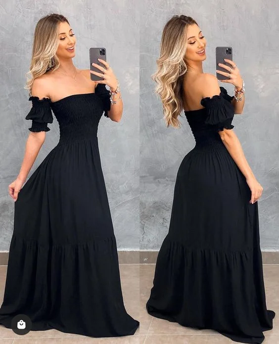 Fashionable Women's Clothes Classic Appeal Generous Black A-line Prom Dress,Black Maxi Dress Y6241