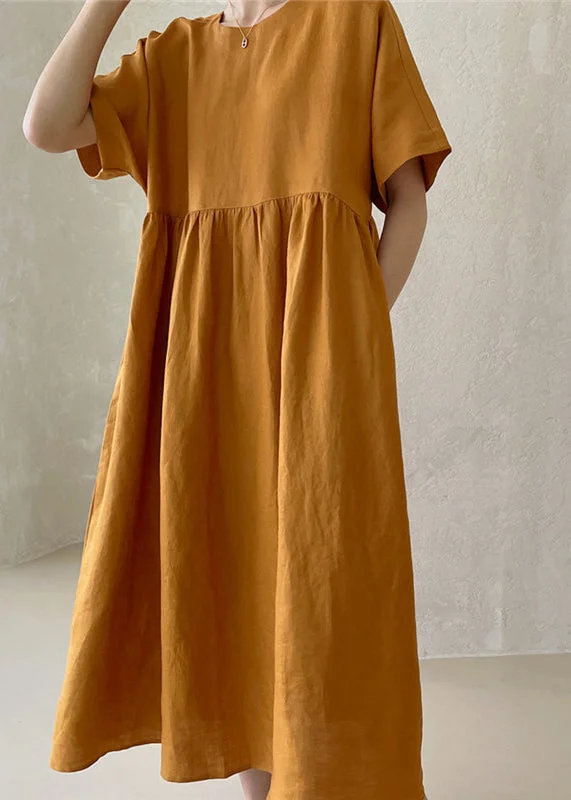 Women's Clothes Trendy Threads Novelty Ginger O-Neck Wrinkled Button Maxi Dresses Short Sleeve