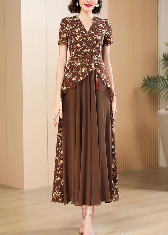 Women's Seasonal Clothes Wardrobe Upgrade Style Brown Print Patchwork Chiffon Maxi Dress Short Sleeve