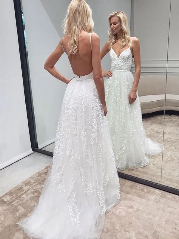 Women's Trendy Activewear Apparel Now On Sale For Chic Urban Styles A Line V Neck Backless Appliques White Wedding Dresses Prom Dresses, White Formal Dresses, Evening Dresses