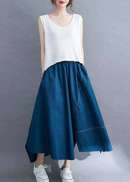 Women's Stylish Casual Garments Limited Time Offers Women Blue Wrinkled Asymmetrical Patchwork Cotton Skirts Summer