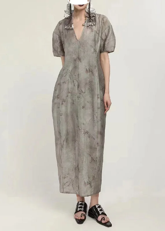 Women's Resort Apparel Fashion-Forward Unique Grey V Neck Print Patchwork Maxi Dress Short Sleeve