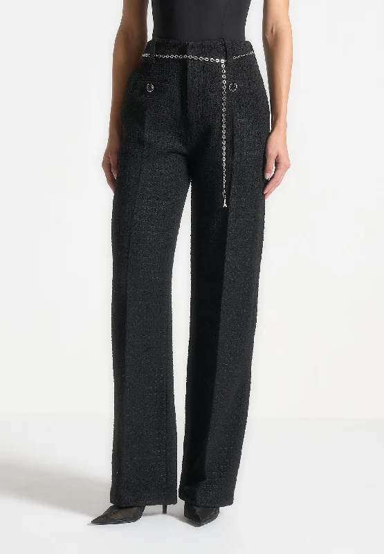 Chic Women's Outfit Spring Fling Sale Tweed Trousers with Belt - Black