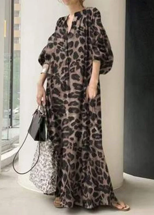 Women's Transitional Apparel Wardrobe Refresh Bohemian Khaki V Neck Leopard Print Chiffon Maxi Dress Puff Sleeve