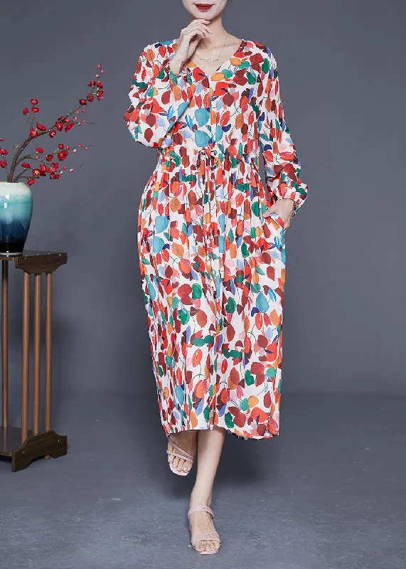 Women's Occasion Wear Apparel Best-Sellers Style Orange V Neck Tie Waist Print Chiffon Maxi Dresses Spring