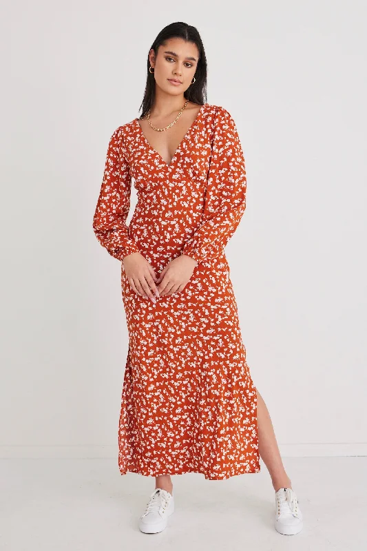 Women's Vintage-Inspired Clothing Forward Trendsetter Phoenix Copper Ditsy Ls Bias Midi Dress