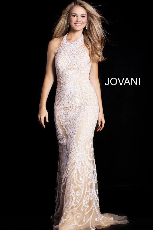 Women's Cozy Outfit For Lounging Graceful Movement Jovani 49249 Halter Embroidered Long Prom Dress