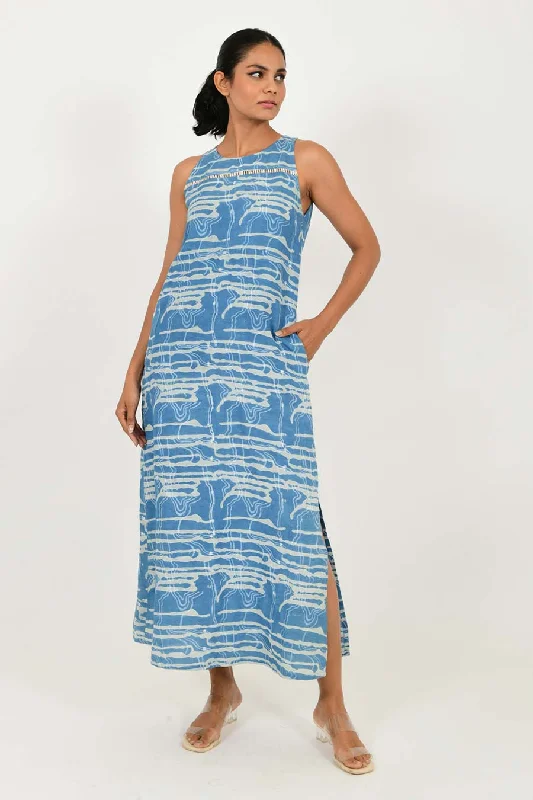 Women's Date Night Outfit Chic Style Indigo Splash Dabu Print Linen Maxi Dress