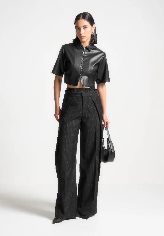 Women's Layered Outfit Father'S Day Deals Satin Waistband Pinstripe Trousers - Black