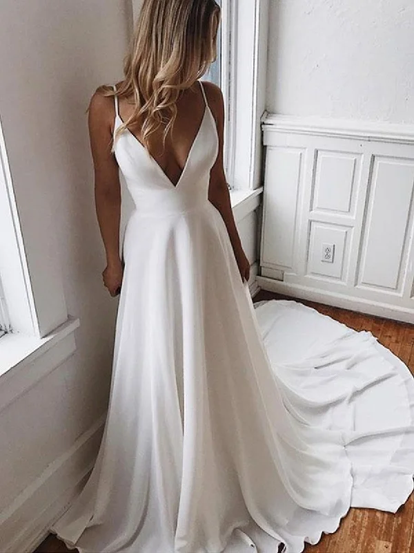 Fashionable Women's Clothing Season Sale A Line V Neck White Wedding Dresses with Sweep Train, White V Neck Long Prom Dresses, White Formal Dresses Evening Dresses