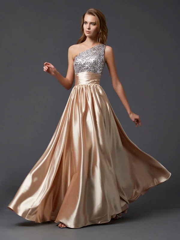 Women's Formal Event Outfit Flowy Fabric A-Line/Princess One-Shoulder Sleeveless Paillette Long  Woven Satin Dresses