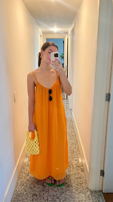 Women's Trendy Clothes Flowing Silhouette Simple Orange Spaghetti Straps Prom Dress,Orange Maxi Dress Y7106