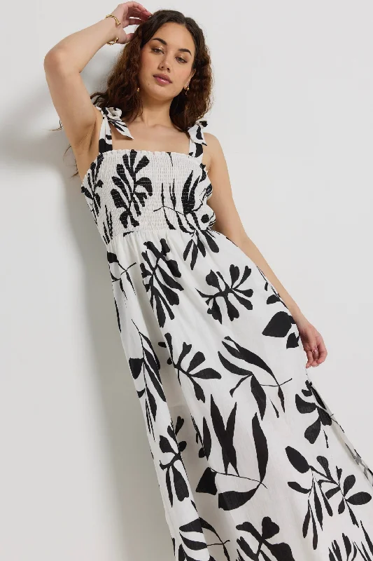 Women's Fashion Clothes Hot Picks Capricorn Ivory Leaf Print Tie Strap Shirred Midi Dress