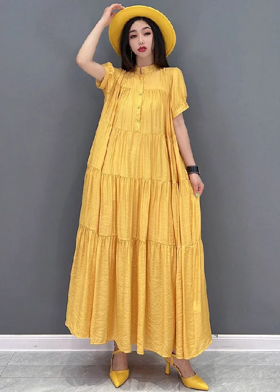 Women's Party Clothes Season Appropriate Women's Collection Casual Yellow Stand Collar Patchwork Button Maxi Dresses Short Sleeve