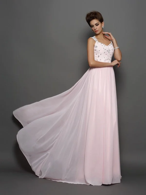 Affordable Trendy Clothes For Women Save Big A-Line/Princess Straps Beading Sleeveless Applique Long Chiffon Dresses #