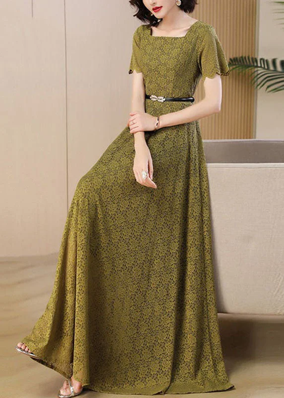 Women's Vintage Clothes Latest Trends Novelty Ginger Square Collar Print High Waist Sashes Lace Maxi Dress Short Sleeve