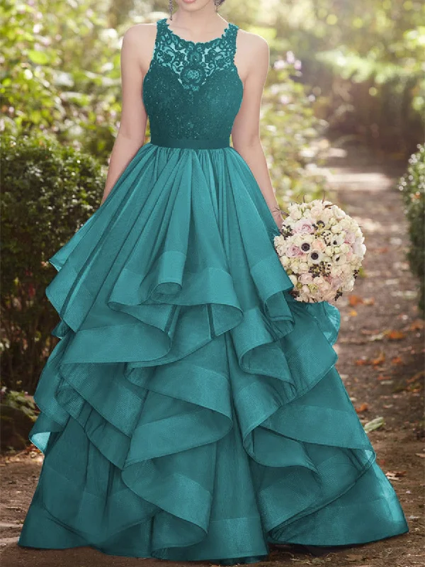 Women's Occasion Wear Clothing Seize Bargains Custom Made Green Round Neck Lace Tulle Long Wedding Dresses, Green Prom Dresses, Green Formal Dresses