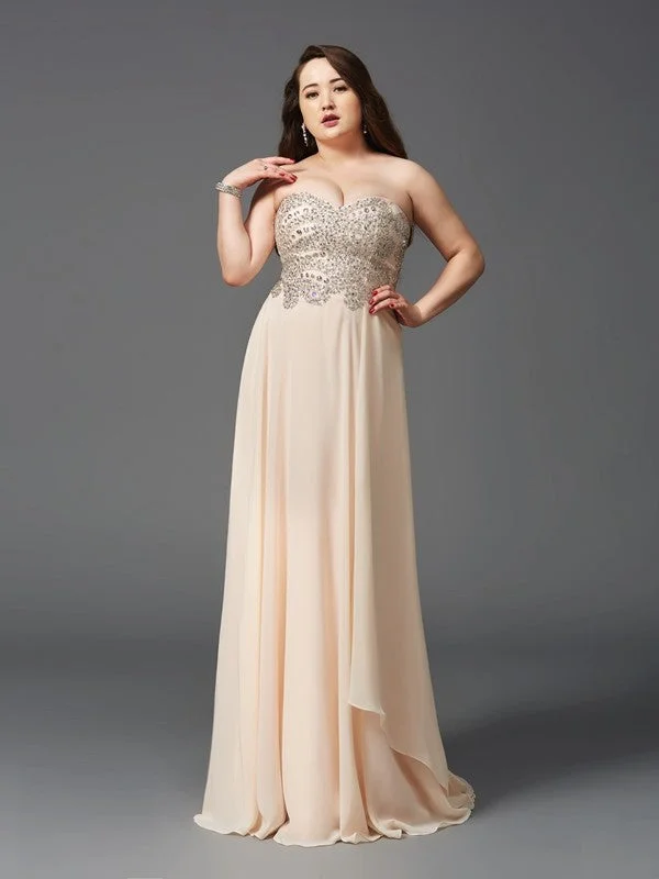 Women's Chic Apparel Style Redefined A-Line/Princess Sweetheart Rhinestone Sleeveless Long Chiffon Plus Size Dresses