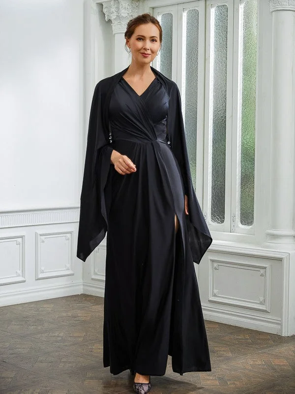 Women's Chic Outerwear Garments Trendy Threads Mother of the Bride Dresses Column Jersey Ruched V neck Sleeveless Floor-Length