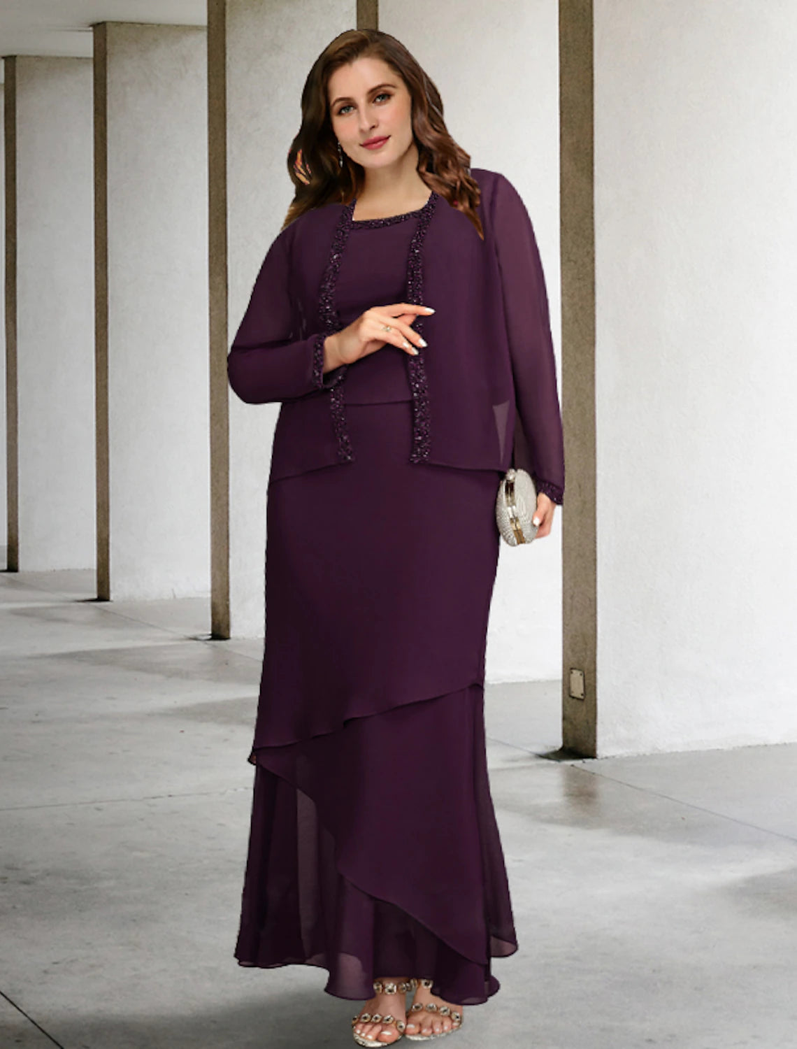 Women's Clothing Sets Comfortable Clothes Two Piece A-Line Plus Size Curve Mother of the Bride Dresses Elegant Dress Formal Ankle Length Sleeveless Square Neck Chiffon with Beading Ruffles