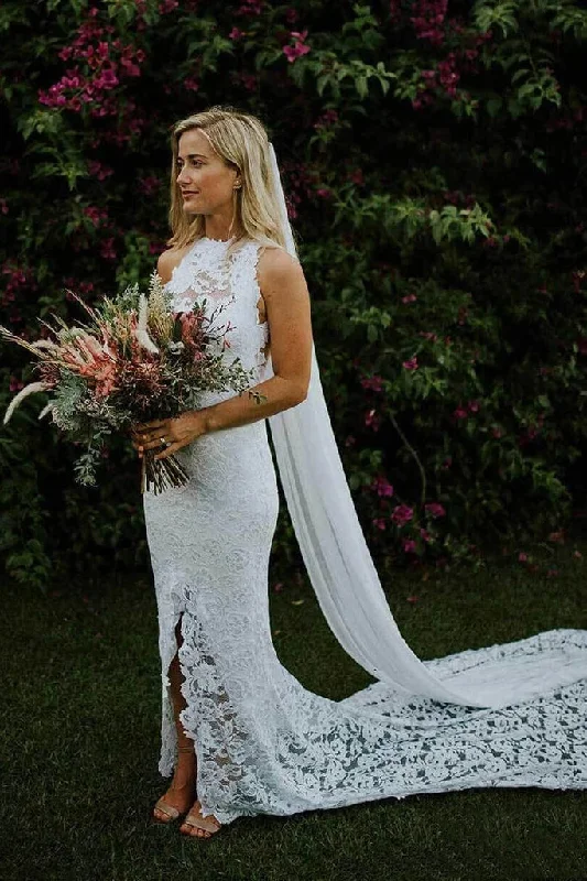 Women's Casual Outfit Luxury Comfort Sheath Boho Lace Bridal Gown with Slit Mermaid Wedding Dresses with Long Train N2256