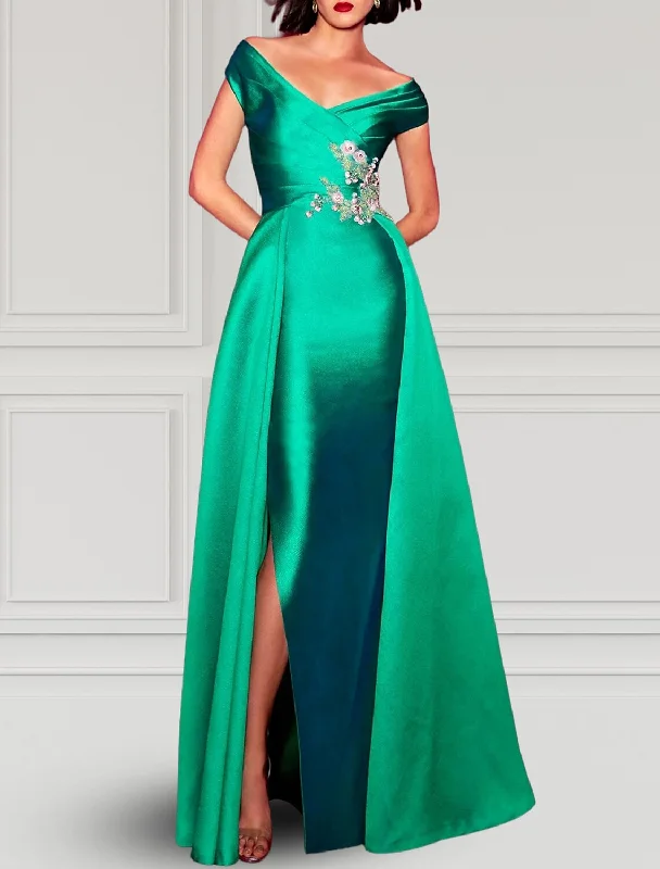 Elegant Women's Attire Feminine Soft - Hued Look A-Line Evening Gown Party Dress Elegant Dress Formal Fall Floor Length Short Sleeve V Neck Satin with Slit Appliques