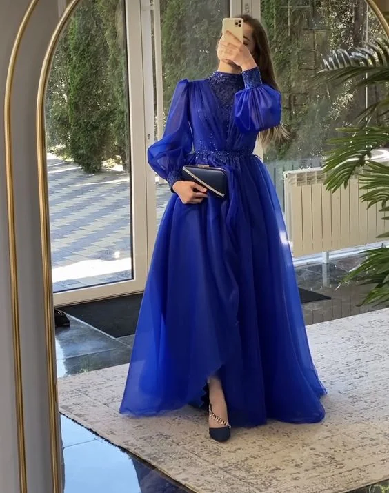 Women's Athletic Clothes Sleek Design Modest Royal Blue A-line Tulle Prom Dress,Fashion Maxi Dress Y6968