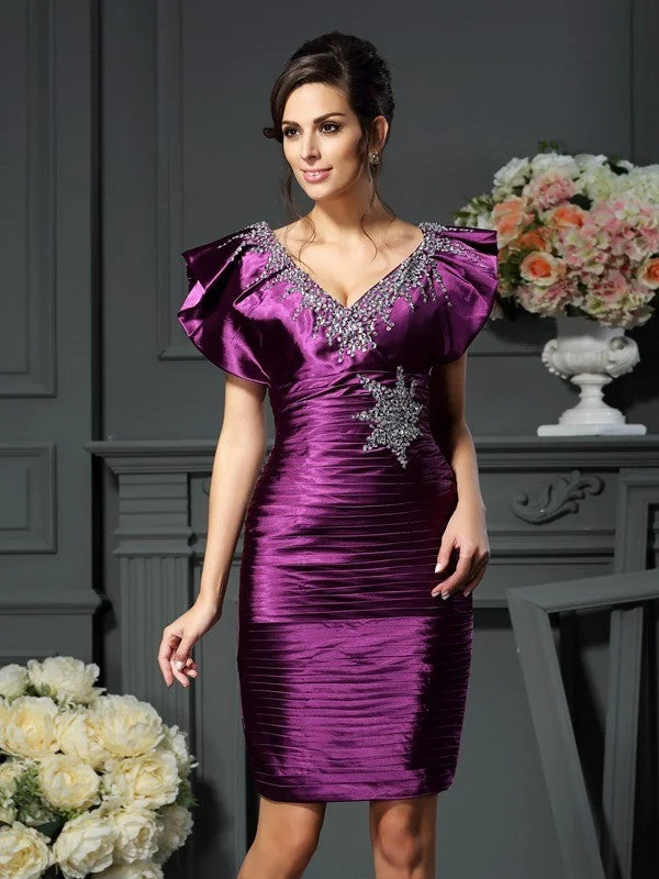 Women's Evening Wear Attire Now On Sale For Chic Urban Styles Sheath/Column V-neck Beading Sleeveless Short  Woven Satin Mother of the Bride Dresses