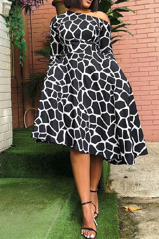 Women's Vintage Garments Top Deals Giraffe Print Oblique Collar On-trend Irregular Midi Dress