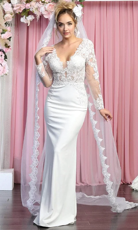 Comfortable Women's Clothes Mid - Week Surprise May Queen RQ7901B - Long Sleeve V-Neck Wedding Gown