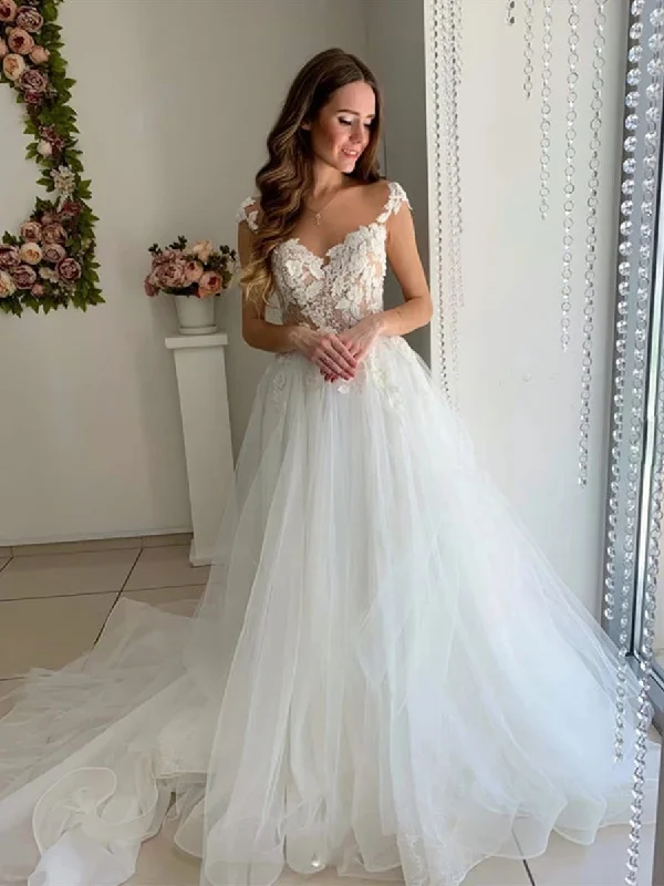 Women's Seasonal Clothing Stylish Spring Fashion Cap Sleeves White Lace Long Wedding Dresses Prom Dresses, White Lace Formal Dresses, White Evening Dresses