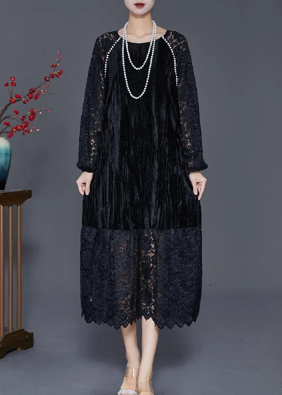 Fashionable Women's Clothes Seasonal Trends Diy Black Hollow Out Lace Patchwork Silk Velour Maxi Dresses Fall