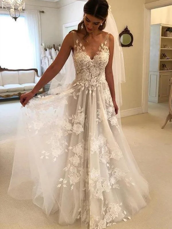 Fashionable Women's Clothes Great Prices On Feminine Styles A Line V Neck Lace Appliques White Long Prom Dresses Wedding Dresses, V Neck White Lace Formal Dresses, White Lace Evening Dresses