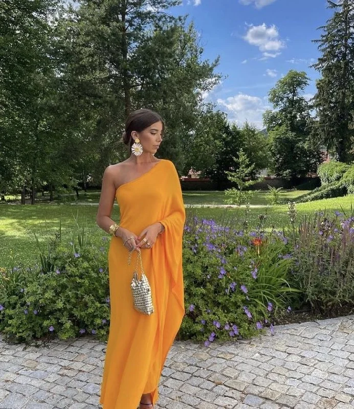 Stylish Outerwear Clothes For Women Luxe Layering Plain One Shoulder Orange Maxi Dress,Simple Orange Prom Dress Y4734